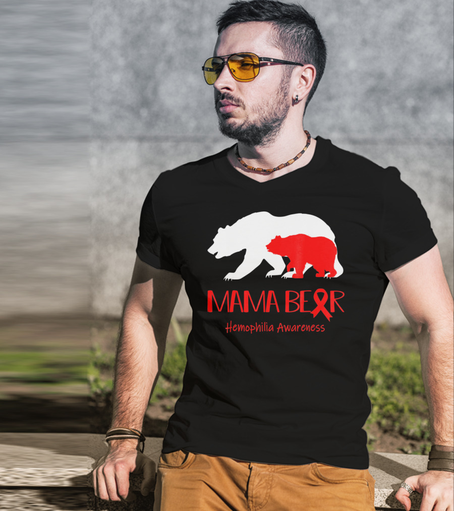 Mama Bear Hemophilia Awareness Red Ribbon Bears T-Shirt