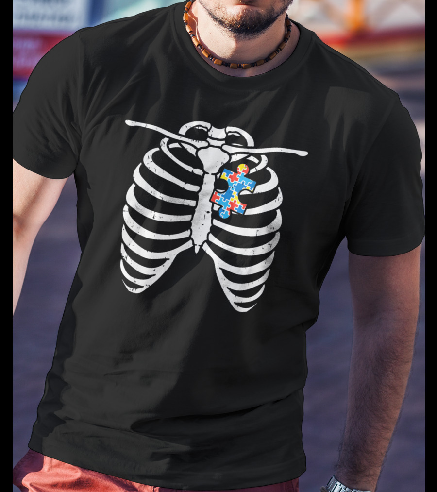 Autism Awareness Puzzle Piece Skeleton Ribcage X-Ray T-Shirt