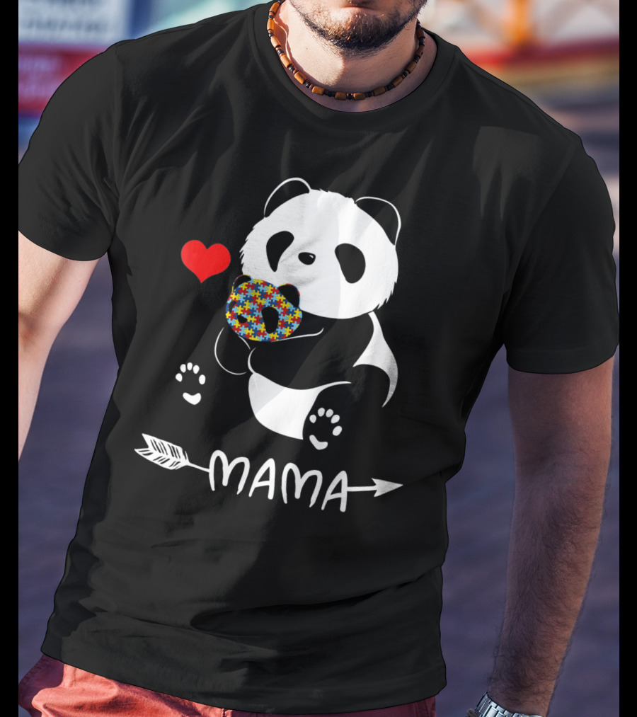 Mama Panda Bear Autism Awareness Heart Puzzle Support T-Shirt