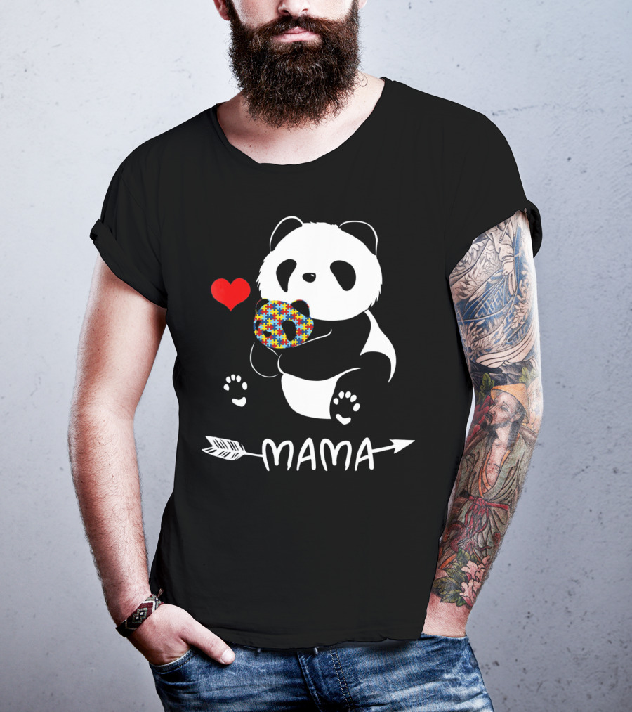 Mama Panda Bear Autism Awareness Heart Puzzle Support T-Shirt