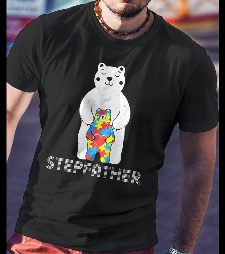 Stepfather Bear With Puzzle Pattern For Autism Awareness T-Shirt