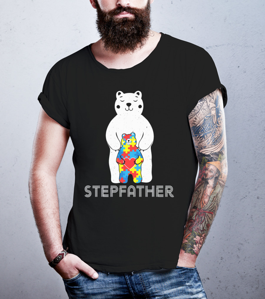 Stepfather Bear With Puzzle Pattern For Autism Awareness T-Shirt