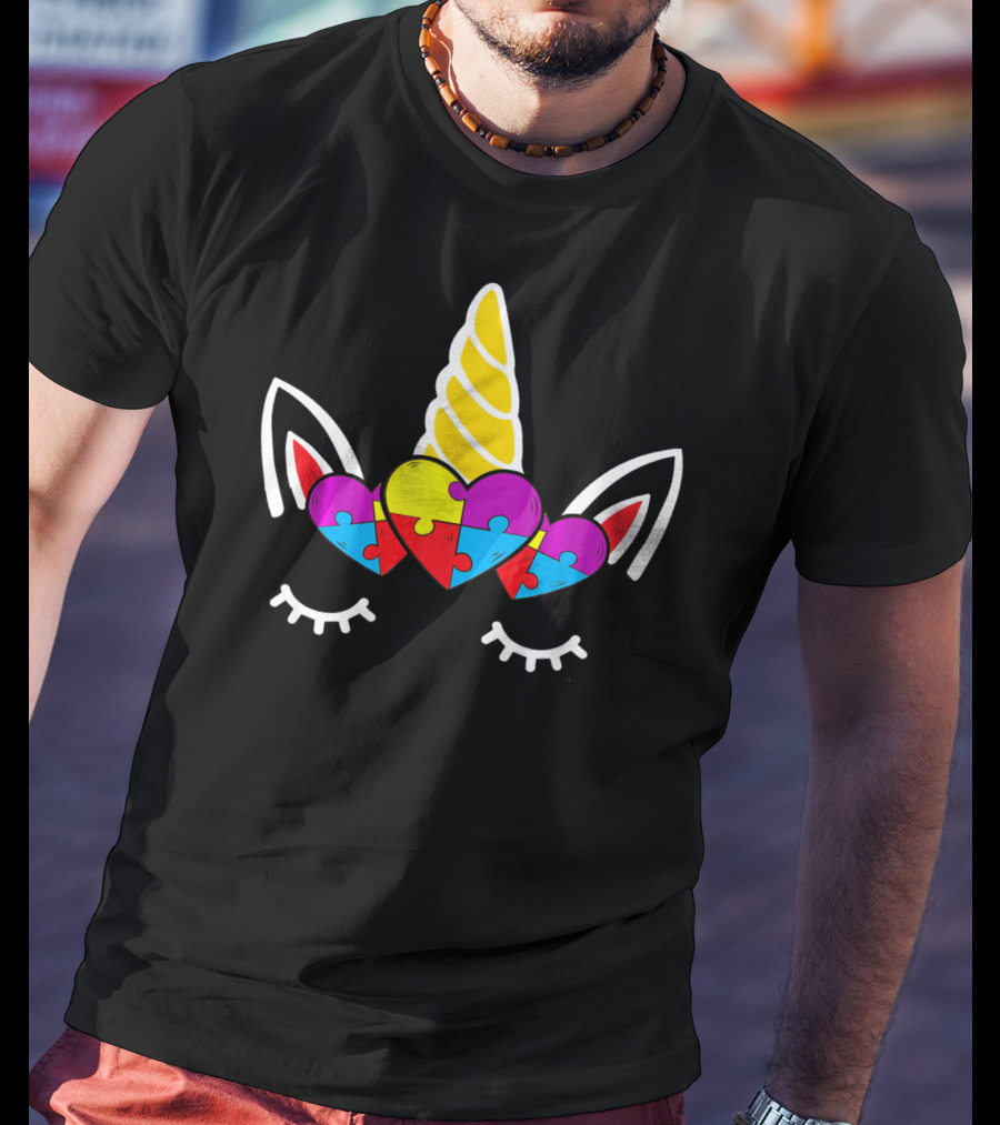 Heart Unicorn Face With Puzzle Pieces Autism Awareness T-Shirt