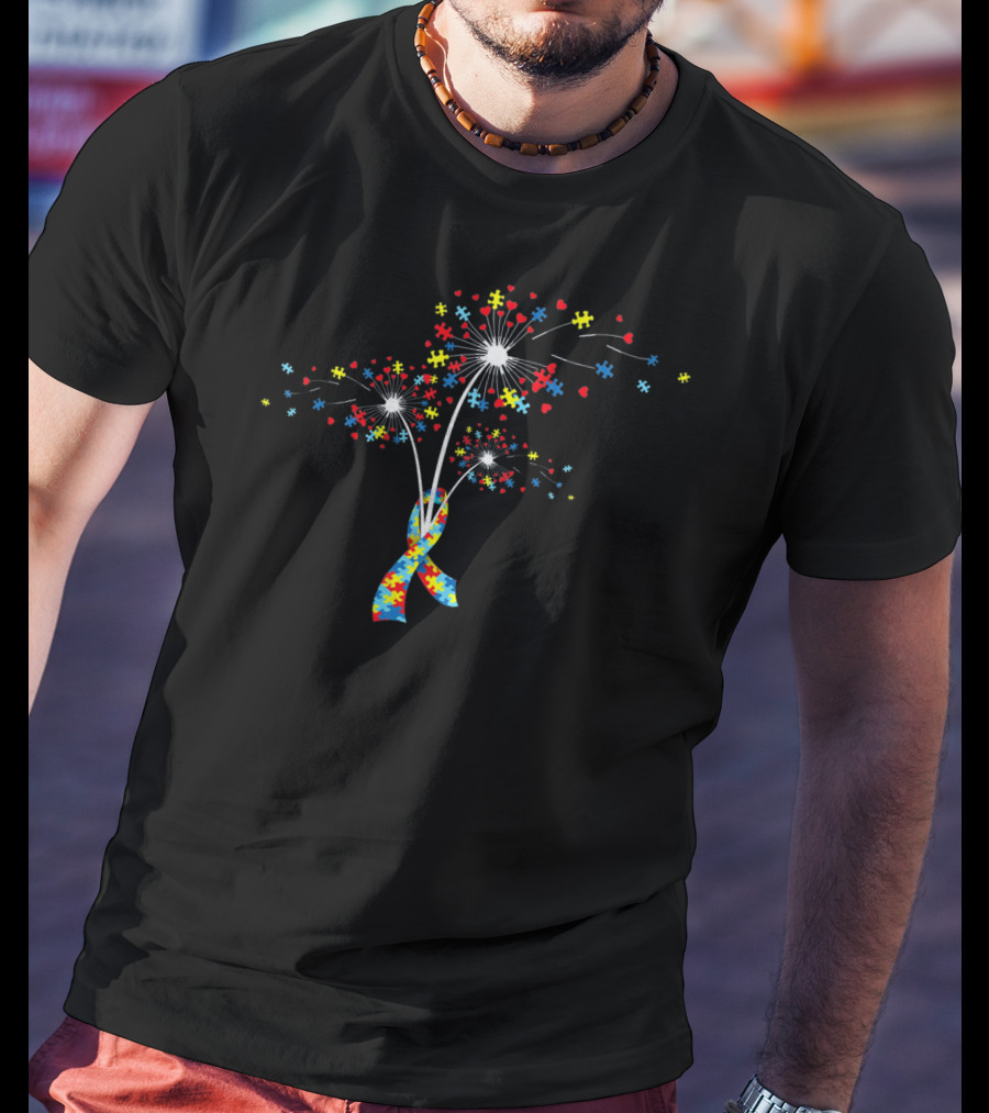 Autism Awareness Puzzle Pieces Ribbon And Flower Burst T-Shirt