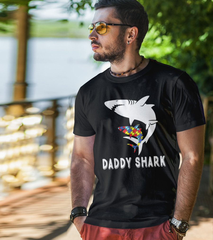 Daddy Shark Autism Awareness Puzzle Piece Sharks T-Shirt