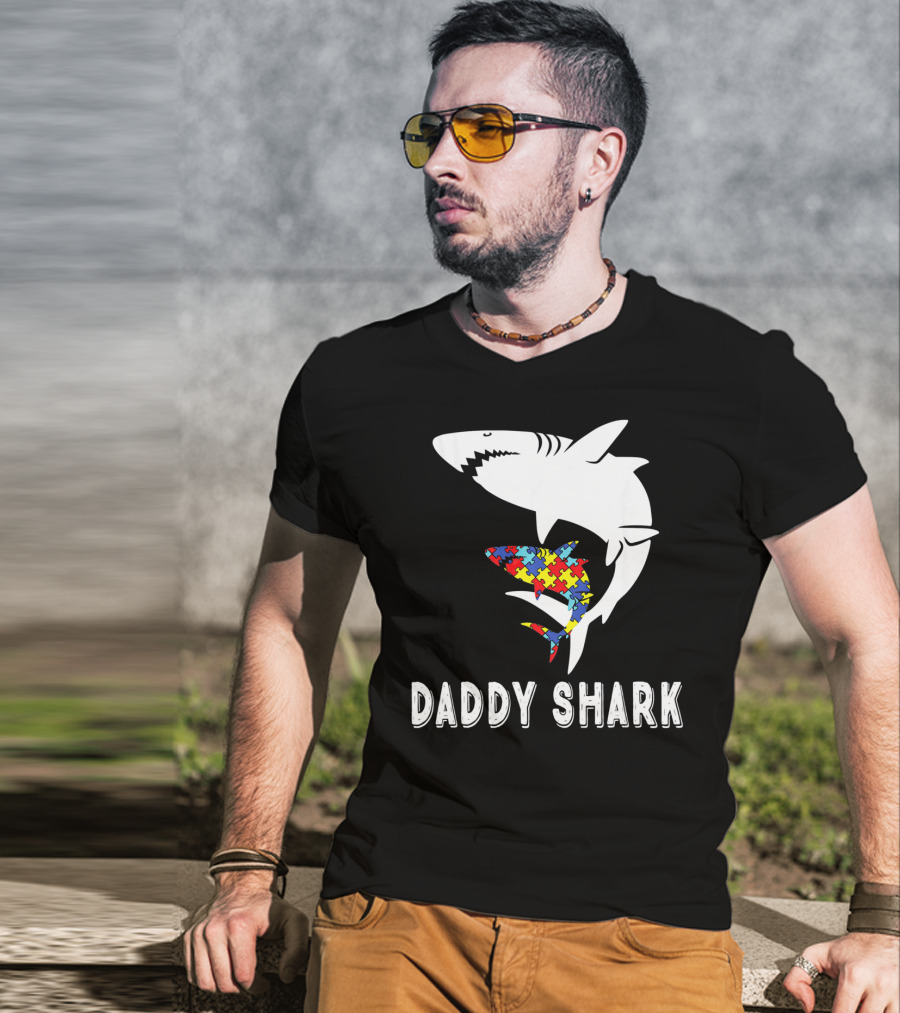 Daddy Shark Autism Awareness Puzzle Piece Sharks T-Shirt