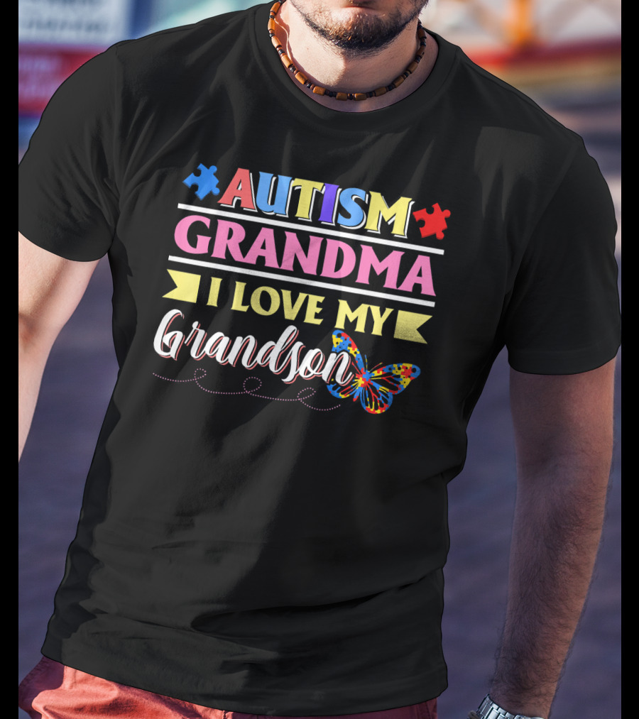 Autism Grandma I Love My Grandson Colorful Puzzle Butterfly T-Shirt