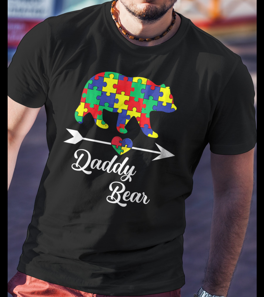 Daddy Bear Puzzle Heart Arrow Autism Awareness Dad T-Shirt