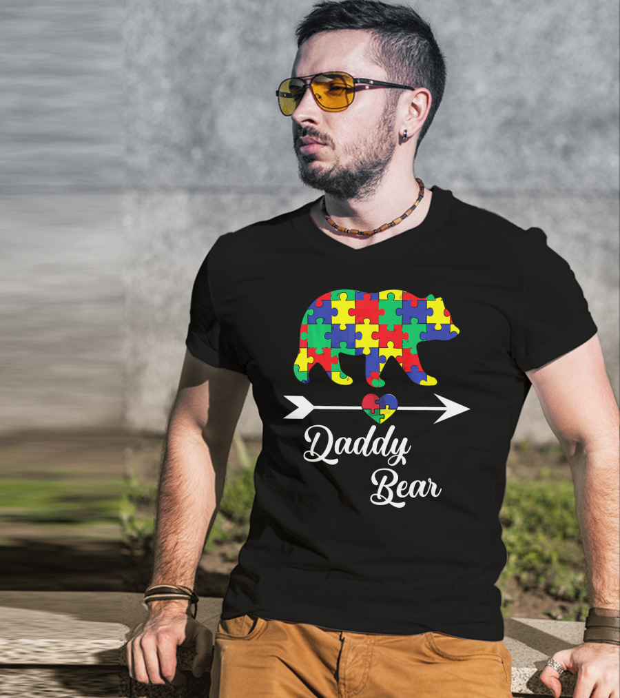 Daddy Bear Puzzle Heart Arrow Autism Awareness Dad T-Shirt