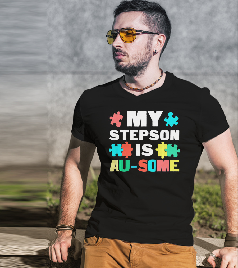 My Stepson Is Au-Some With Autism Puzzle Pieces T-Shirt
