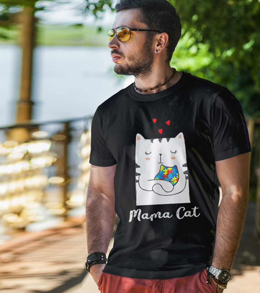 Proud Autism Awareness Mama Cat Hugging Puzzle Piece Hearts T-Shirt