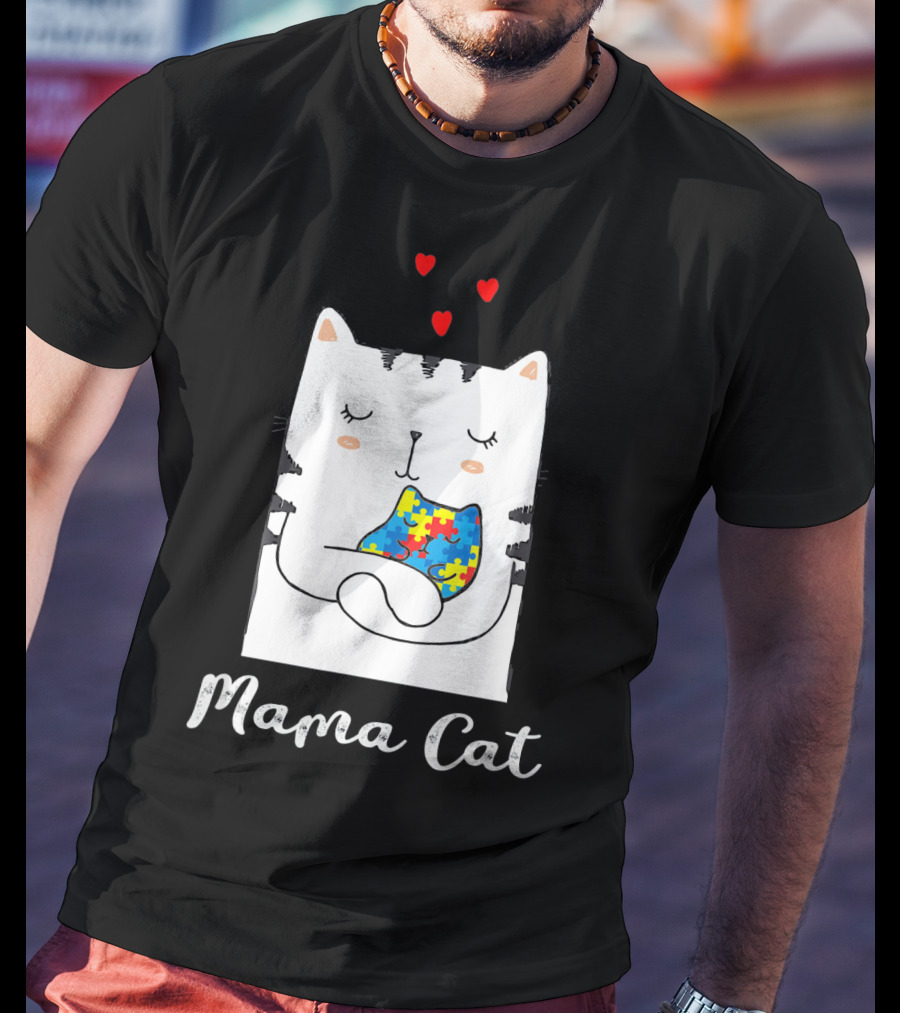 Proud Autism Awareness Mama Cat Hugging Puzzle Piece Hearts T-Shirt