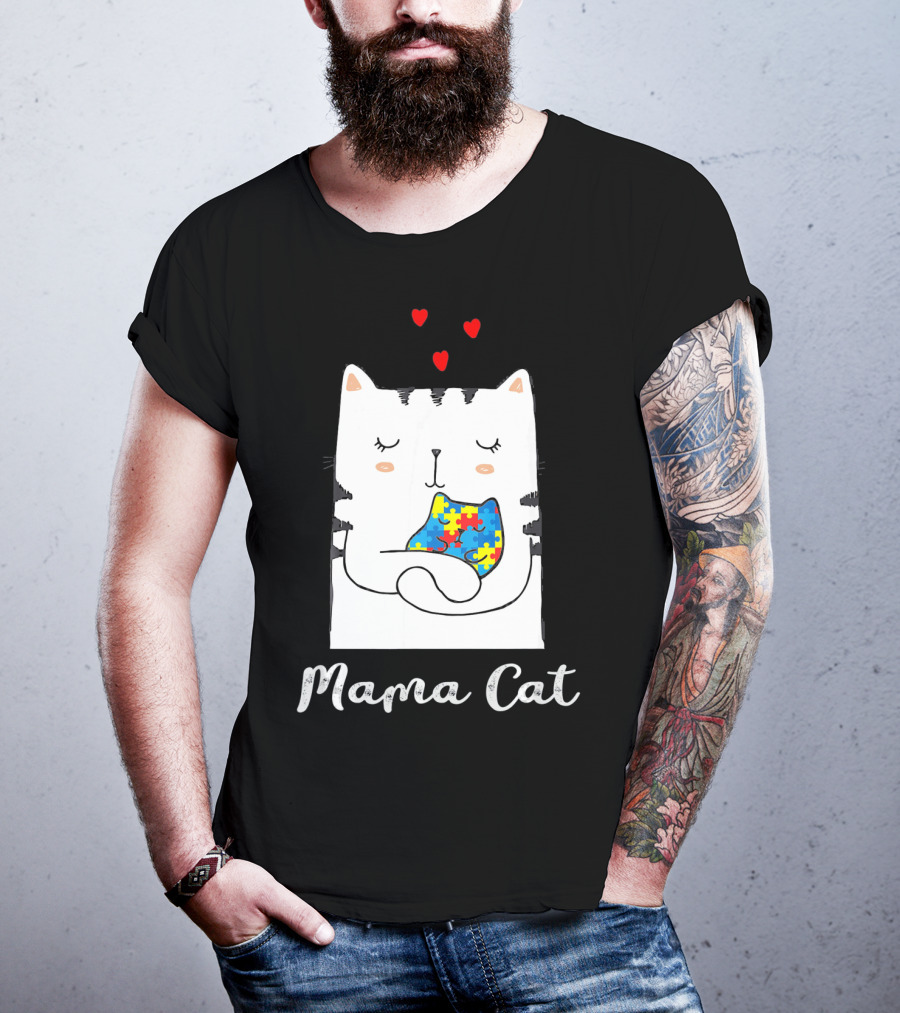 Proud Autism Awareness Mama Cat Hugging Puzzle Piece Hearts T-Shirt