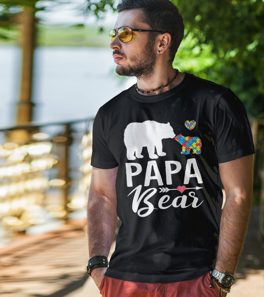 Papa Bear Autism Awareness Love Puzzle Heart Bear T-Shirt