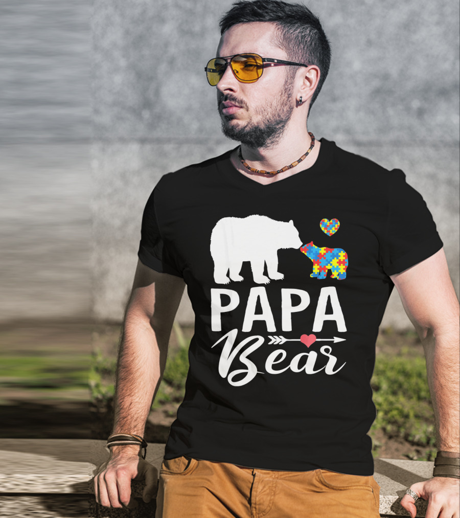Papa Bear Autism Awareness Love Puzzle Heart Bear T-Shirt