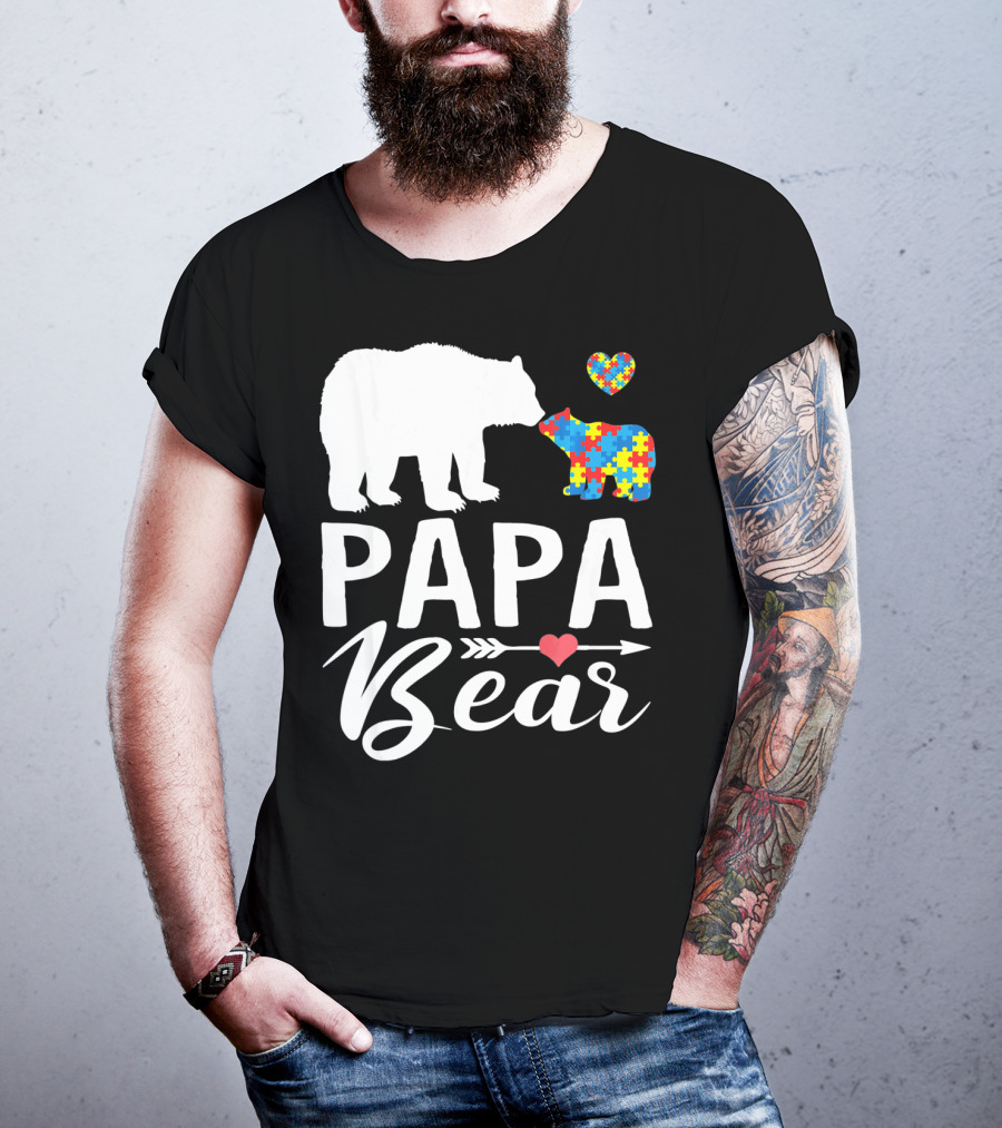 Papa Bear Autism Awareness Love Puzzle Heart Bear T-Shirt