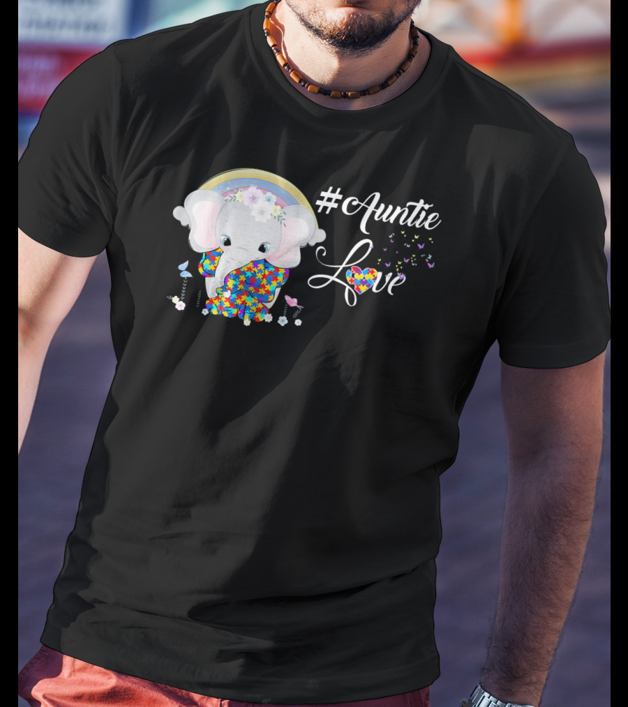 Auntie Love Autism Awareness Elephant With Colorful Puzzle Pattern And Rainbow T-Shirt