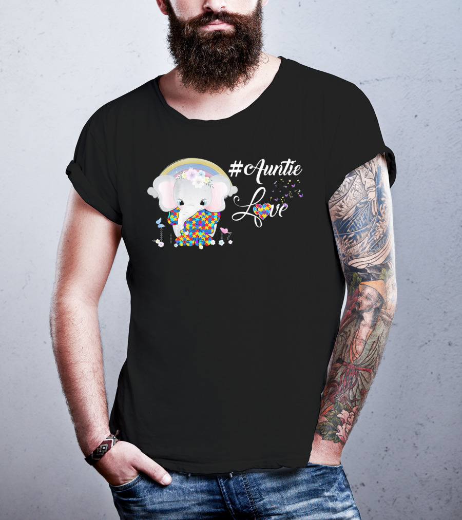 Auntie Love Autism Awareness Elephant With Colorful Puzzle Pattern And Rainbow T-Shirt