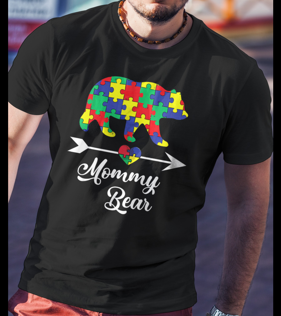 Mommy Bear With Puzzle Heart Autism Awareness T-Shirt