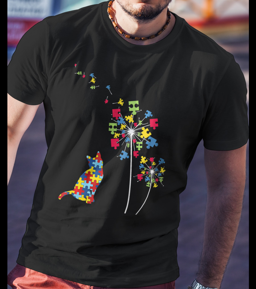 Colorful Puzzle Piece Cat And Dandelion Autism Awareness T-Shirt