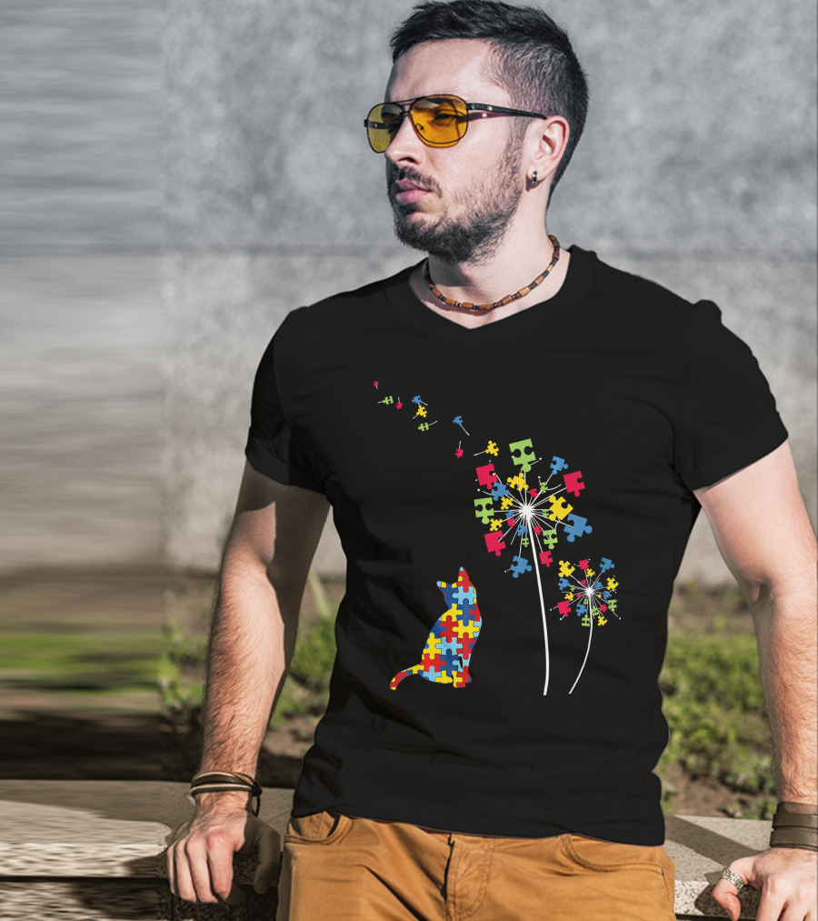 Colorful Puzzle Piece Cat And Dandelion Autism Awareness T-Shirt