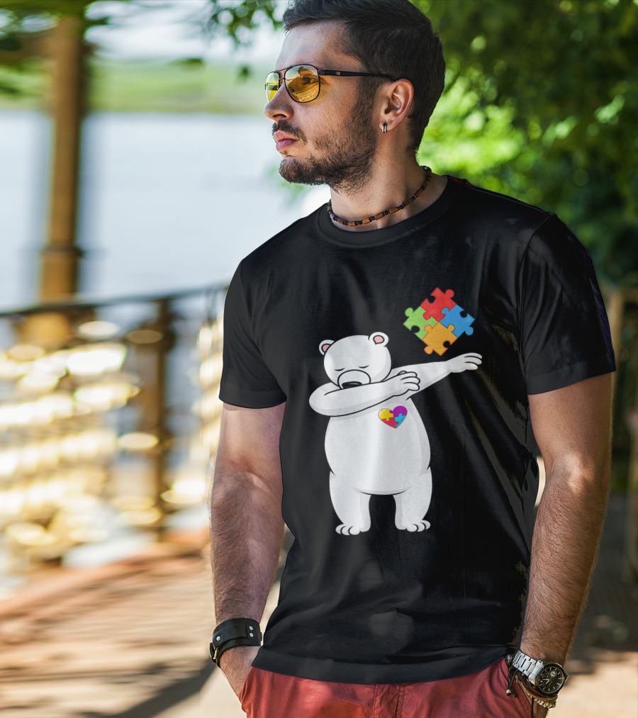 Dabbing Polar Bear Puzzle Piece Heart Autism Awareness T-Shirt