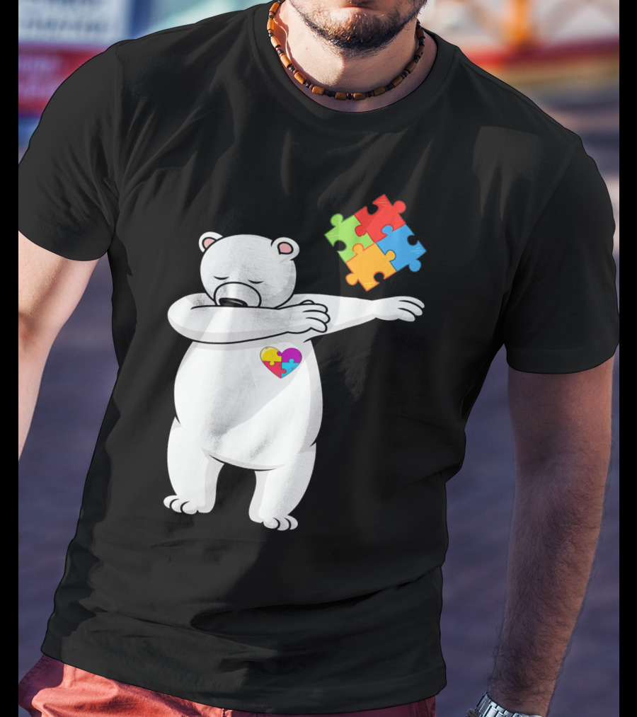 Dabbing Polar Bear Puzzle Piece Heart Autism Awareness T-Shirt