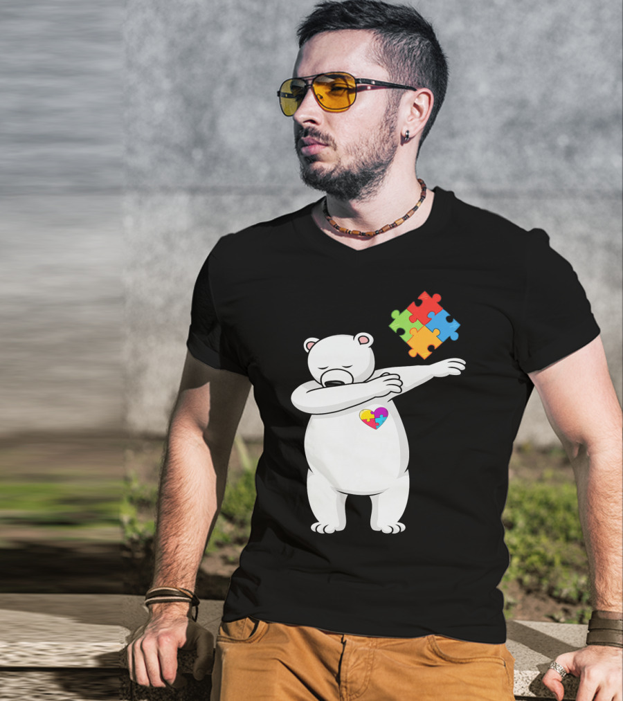 Dabbing Polar Bear Puzzle Piece Heart Autism Awareness T-Shirt