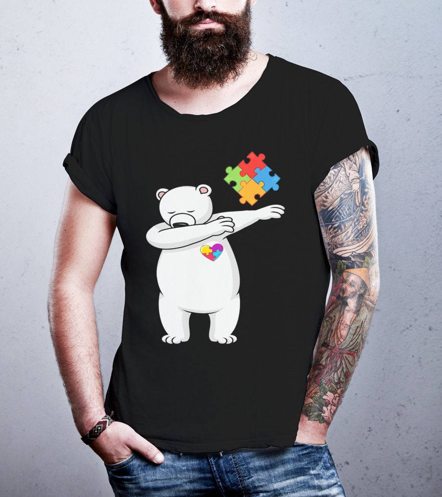 Dabbing Polar Bear Puzzle Piece Heart Autism Awareness T-Shirt