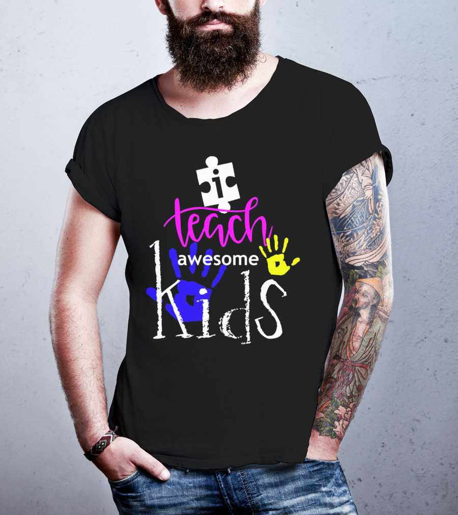 I Teach Awesome Kids Autism Puzzle Piece Handprints T-Shirt