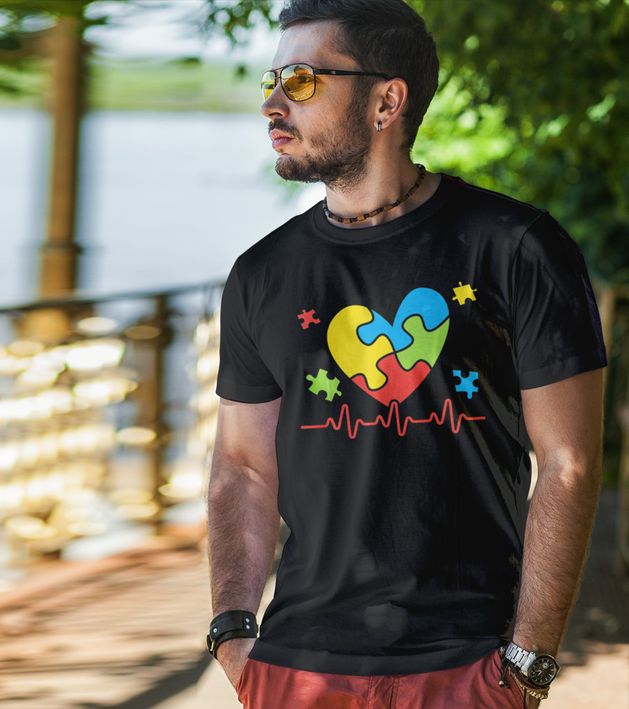 Autism Awareness Heart Puzzle Piece With Heartbeat Line T-Shirt