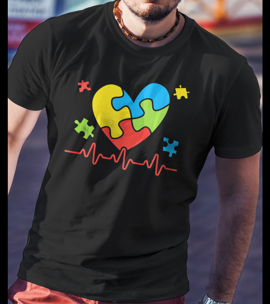 Autism Awareness Heart Puzzle Piece With Heartbeat Line T-Shirt