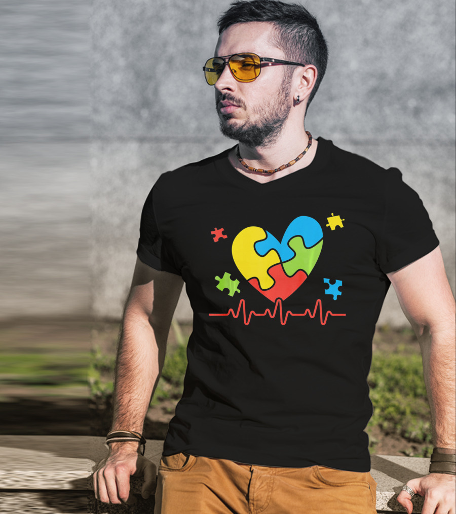 Autism Awareness Heart Puzzle Piece With Heartbeat Line T-Shirt