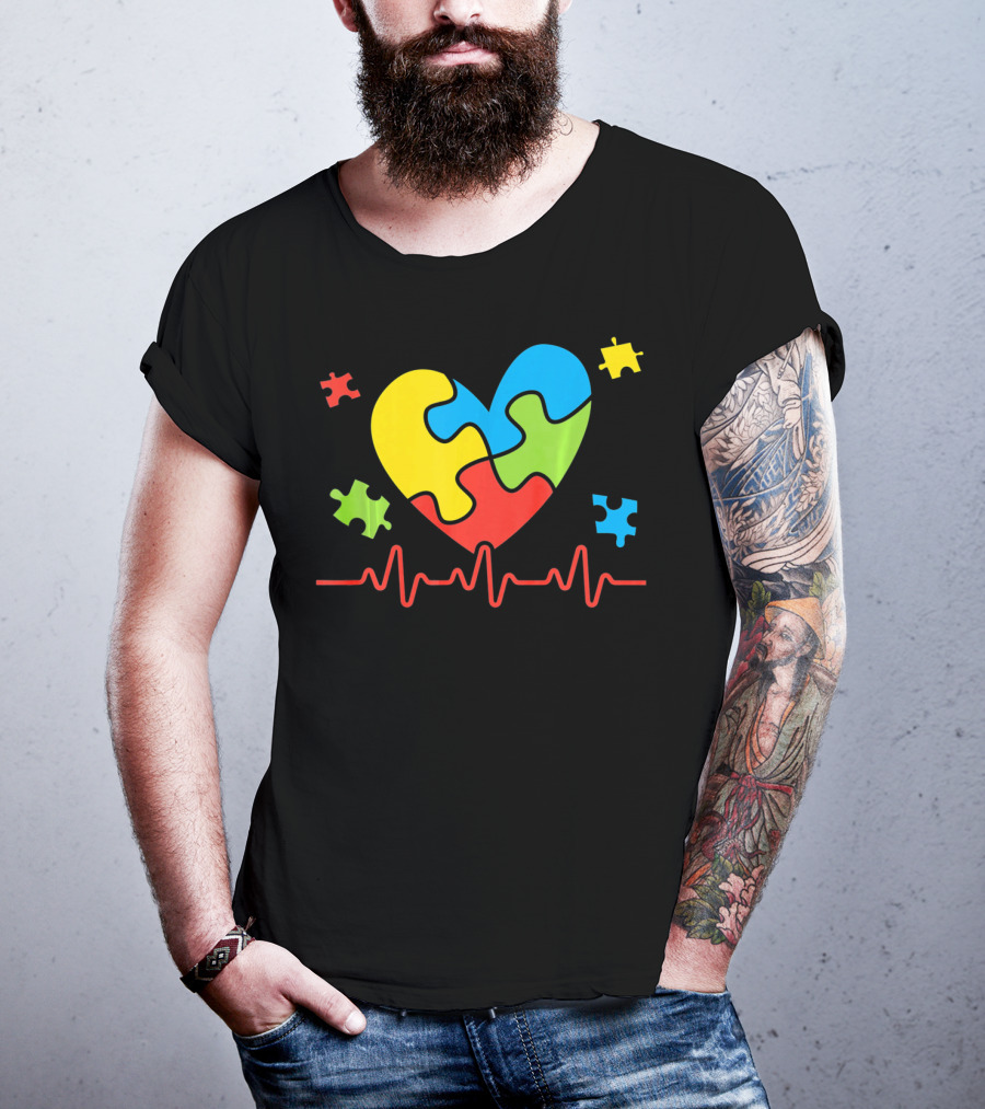 Autism Awareness Heart Puzzle Piece With Heartbeat Line T-Shirt