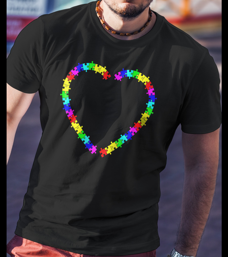 Autism Spectrum Awareness Puzzle Pieces Rainbow Heart T-Shirt