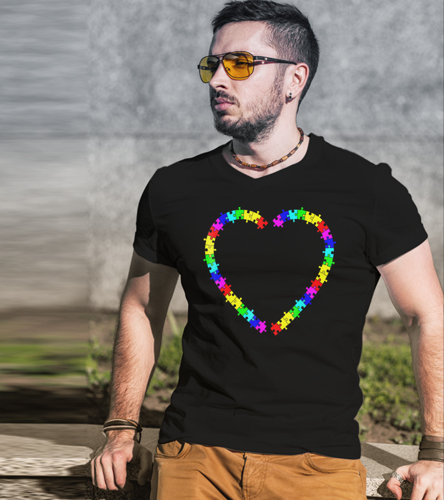 Autism Spectrum Awareness Puzzle Pieces Rainbow Heart T-Shirt