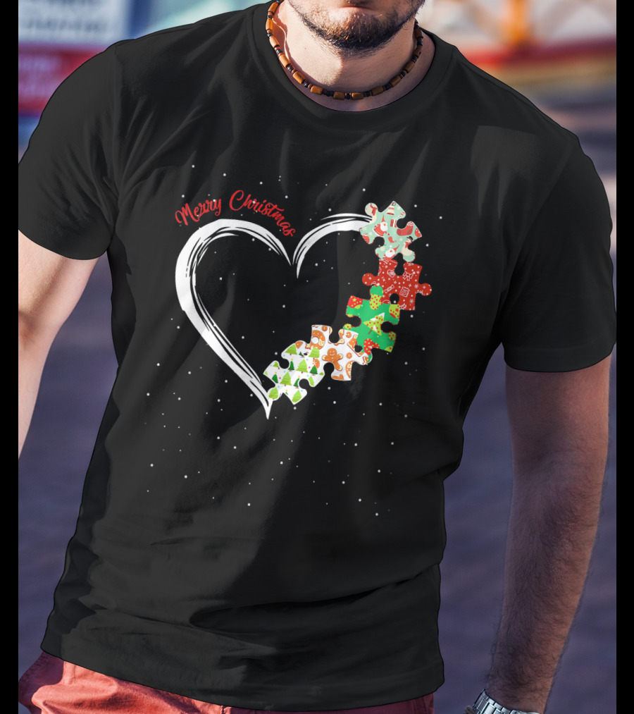 Merry Christmas Autism Awareness Heart Puzzle T-Shirt