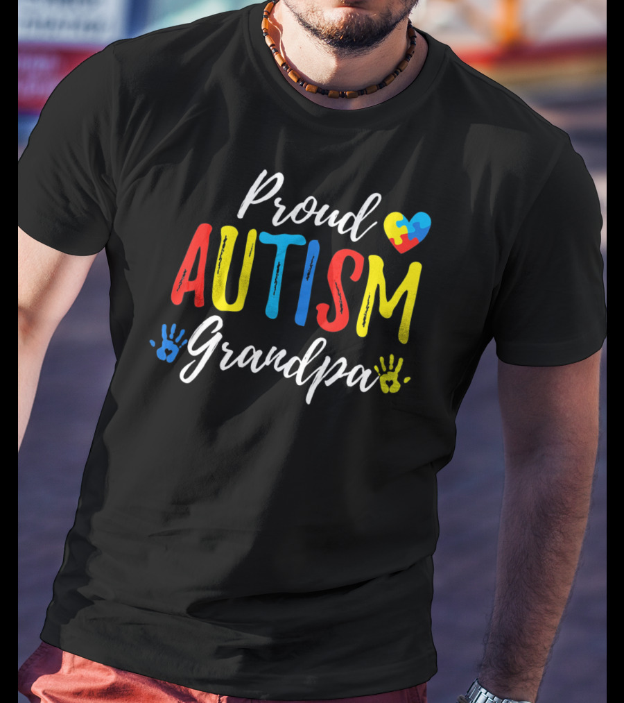 Proud Grandpa Autism Puzzle Heart Handprints T-Shirt