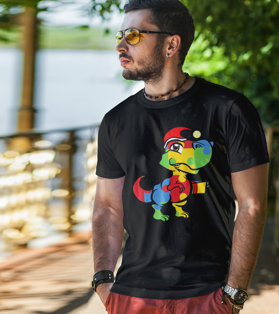 Funny Christmas Autism Awareness Santa Dinosaur Puzzle T-Shirt