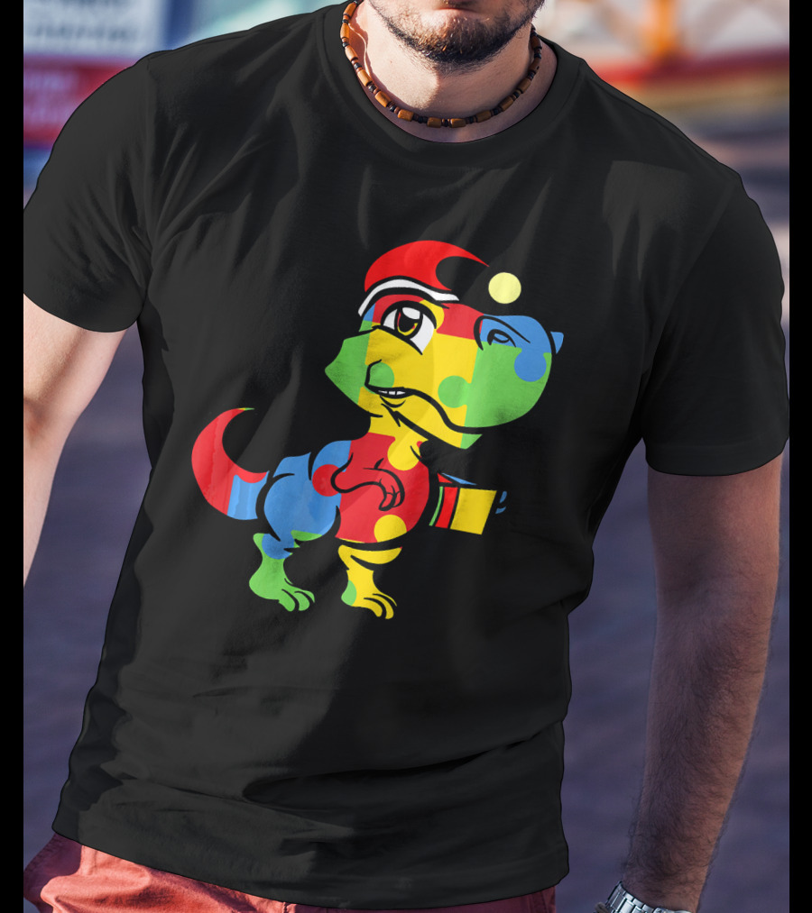 Funny Christmas Autism Awareness Santa Dinosaur Puzzle T-Shirt