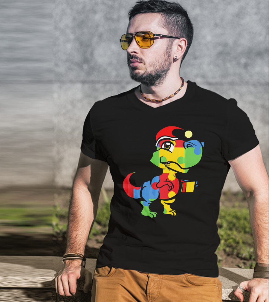 Funny Christmas Autism Awareness Santa Dinosaur Puzzle T-Shirt