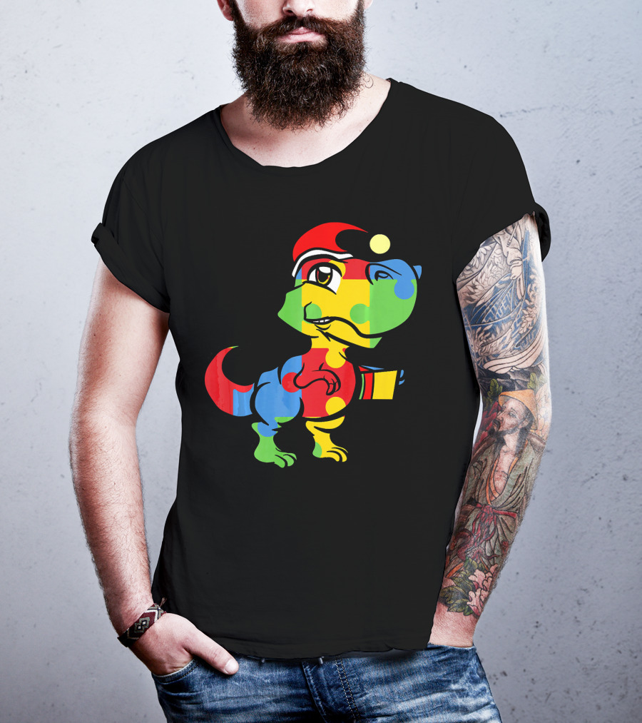 Funny Christmas Autism Awareness Santa Dinosaur Puzzle T-Shirt