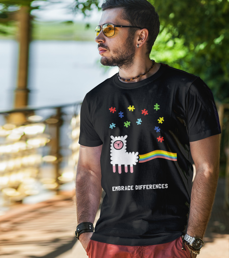Embrace Differences Autism Awareness Llama Rainbow Puzzle Pieces T-Shirt