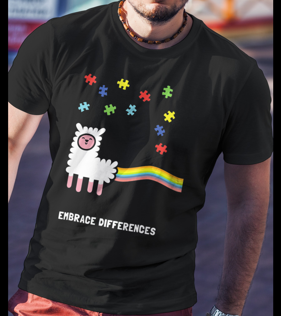 Embrace Differences Autism Awareness Llama Rainbow Puzzle Pieces T-Shirt