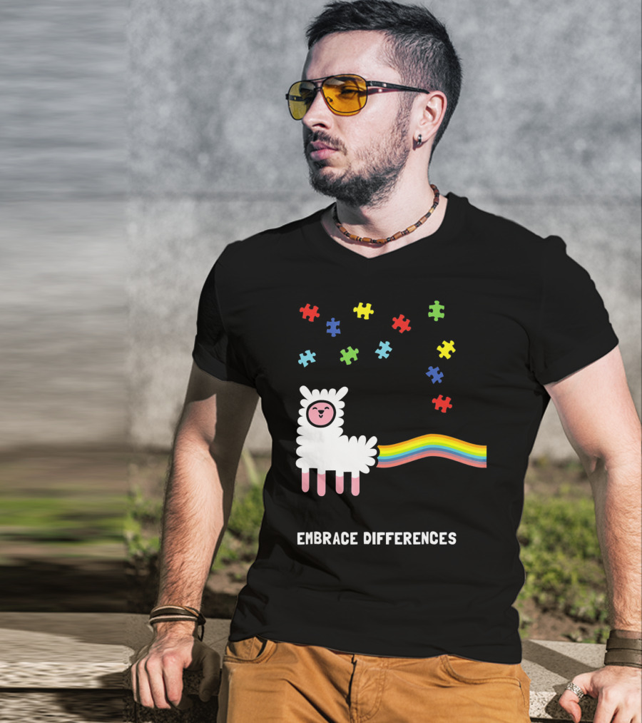 Embrace Differences Autism Awareness Llama Rainbow Puzzle Pieces T-Shirt