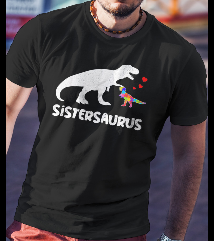 Sistersaurus Dinosaur Rainbow Puzzle Hearts T-Shirt