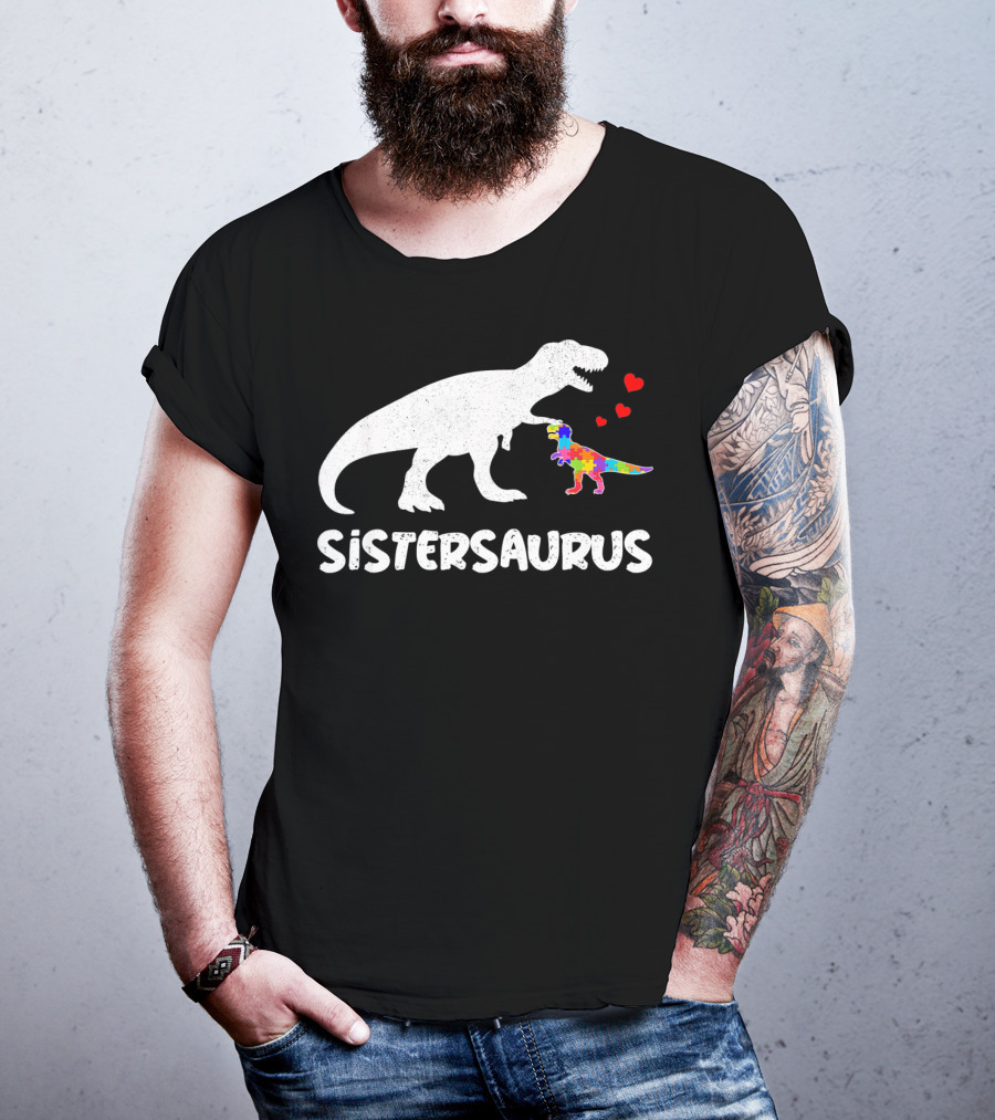 Sistersaurus Dinosaur Rainbow Puzzle Hearts T-Shirt