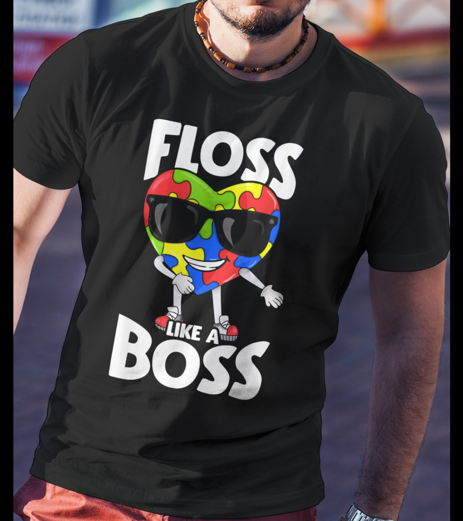 Floss Like A Boss Heart With Puzzle Autism T-Shirt