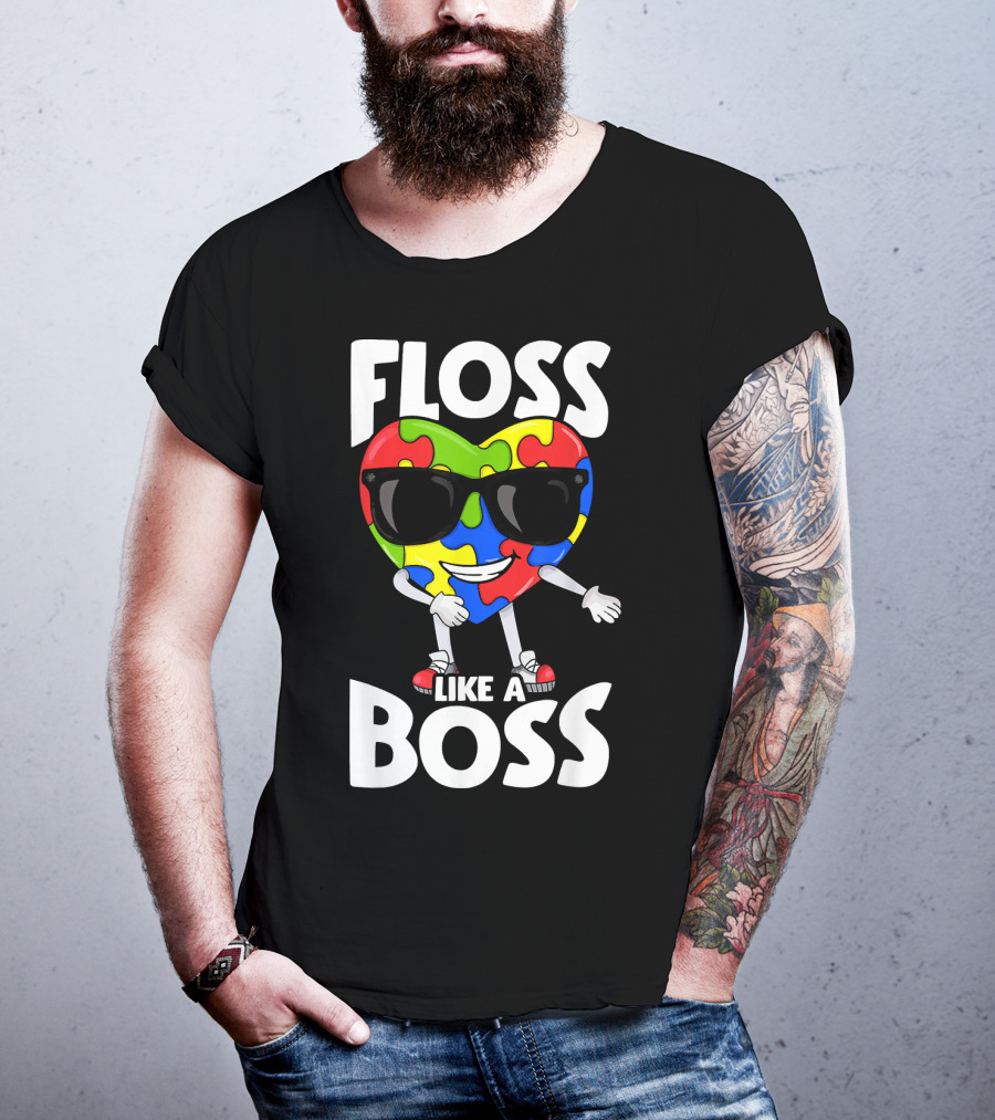Floss Like A Boss Heart With Puzzle Autism T-Shirt