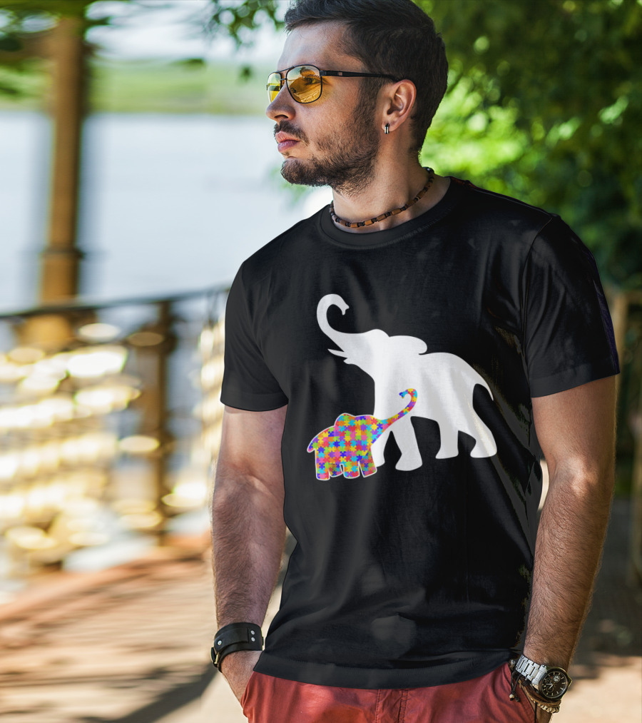 Elephant Autism Awareness Puzzle Pattern Support T-Shirt